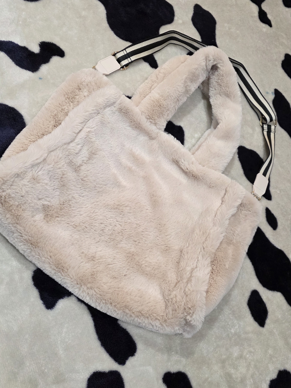 & Other Stories Plush Faux Fur Tote in Light Beige with Striped Strap